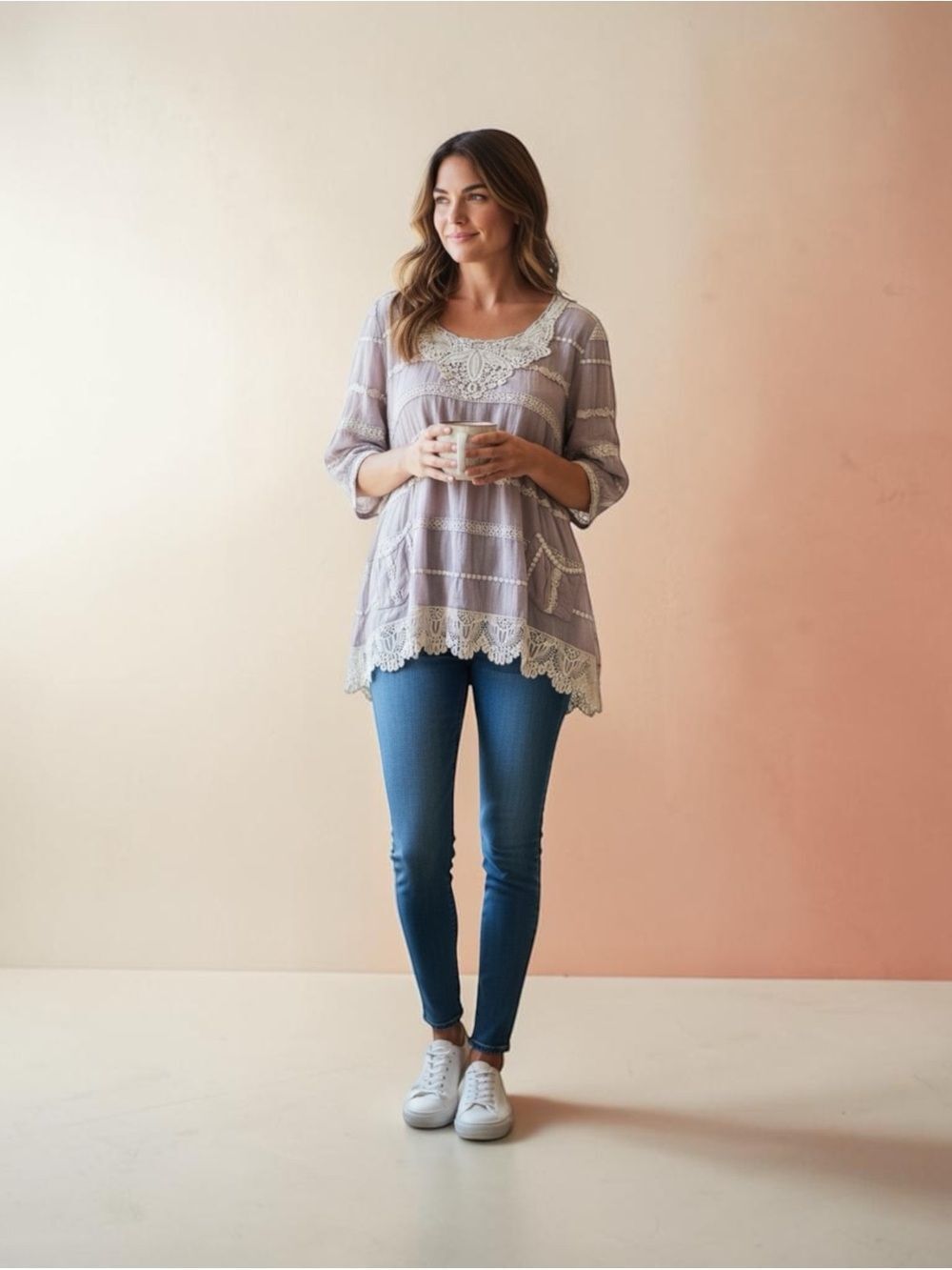 Vintage Bohemian Gray Crochet Lace / Gauze Top Size L